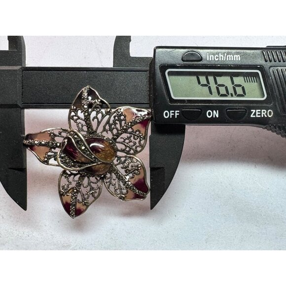 Estate Sterling Silver 925 Orchid Flower Pendant Marcasite Inlay Purple Enamel - Picture 7 of 8